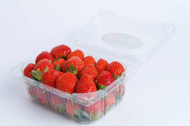Olgun, yeşil saplı çilekler ve plastik tepside su damlaları. Kapağı açık, beyaz arka planda izole edilmiş..