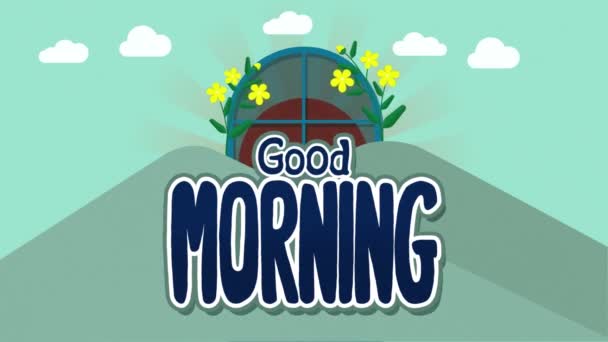 Tekst Animacja Dzień Dobry Tłem Cute Ilustracji Natury Góra Okno — Wideo stockowe