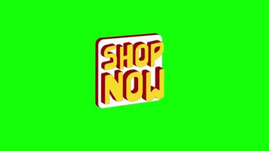 Shop Now reklam videosu için yeşil ekrana 3D izometrik metni imzala. Kare şeklinde yuvarlak beyaz. Dükkan şimdi düğme. Kare düğme dükkanı