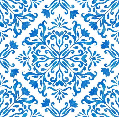 Mavi ve bej renklerde kusursuz desen. Mavi çiçekli kusursuz desen. suluboya desen 