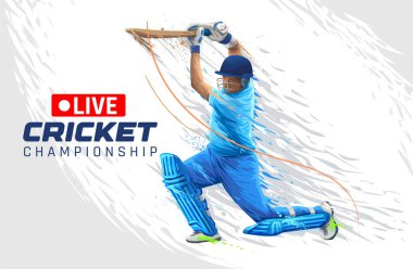 Kriket şampiyonası sporu yapan vurucu oyuncunun çizimi. Yarasa Adam soyut posterde Action oynuyor. Canlı Kriket Şampiyonası afiş tasarımı