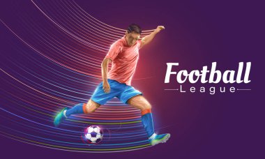 Futbol oyuncusu hareket halinde ve topla hareket halinde koyu mor arka planda izole edilmiş. Futbolcular neon ışıklarıyla topa vuruyorlar. Futbol Ligi Vektör illüstrasyon afişi.