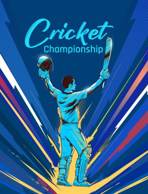 Kriket oyuncusu yüzyılı kutluyor ya da konsept poster tasarımını kazanıyor. Mavi arka planda kazanan vurucunun resmi. Vurucu galibiyet vuruşunu kutluyor.
