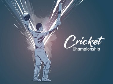 Kriket oyuncusu yüzyılı kutluyor ya da konsept poster tasarımını kazanıyor. Koyu arkaplanda vurucunun kazanan pozu. Vurucu galibiyet vuruşunu kutluyor.