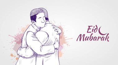 Müslümanlar bayram vesilesiyle birbirlerine sarılıp dilek tutarlar. Mübarek bayrak taşıyıcısı. Kurban Bayramı el çizimi çizimleri tasarımı