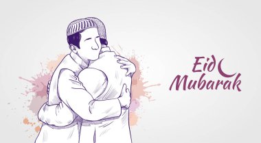 Muslim man hugging and wishing to each other on occasion of Eid. Eid Mubarak banner vector. Eid greetings hand drawing  illustrations design clipart