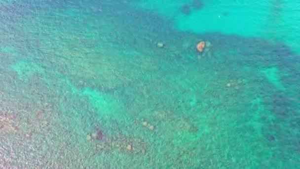 Aerial Top View Reef Turquoise Sea Rock Beach Smooth Waves — Stockvideo