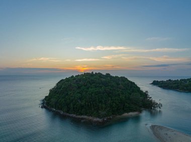 aerial view beautiful sunset above Kala island at Layan beach Phuket.colorful sky of sunset at horizon.Phuket beach sea Amazing beach, Beautiful beach Phuket Thailand, Nature and travel concept.