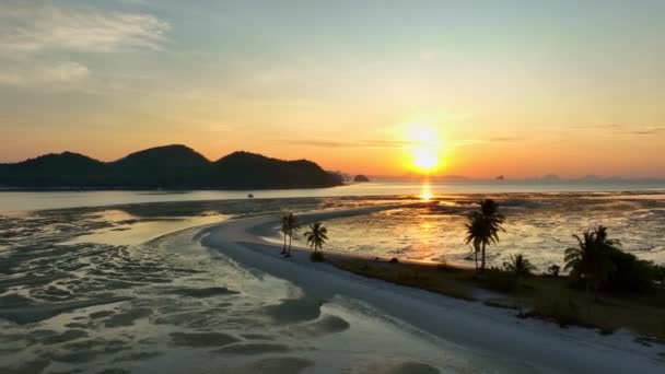 Niesamowita Piaszczysta Plaża Złotym Wschodzie Słońca Piaskownica Rozciąga Się Dół — Wideo stockowe