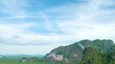 aerial Hyperlapse view above canal in the green field. large canal from mangrove forest connect to Andaman sea.sunet above the group of islands in Phang Nga.4k video colorful sky background.