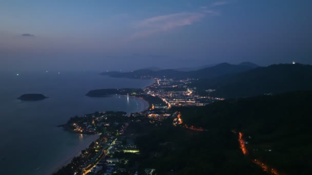 Aerial View Lights Twinkled Three Beaches Night Kata Noi Beach — Stockvideo