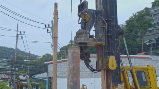 Building Building Prepares Area Construction Machines Drilling Soil Piles Building — Stock Video