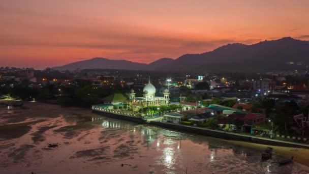 Aerial Hyperlapse Mosque Twilight Rawai Mosque Colorful Sunset Mosque Dawn — Stock Video
