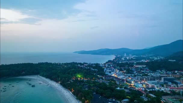 Aerial Hyperlapse View Lights Twinkled Kata Beaches Karon Beach City — Vídeo de Stock