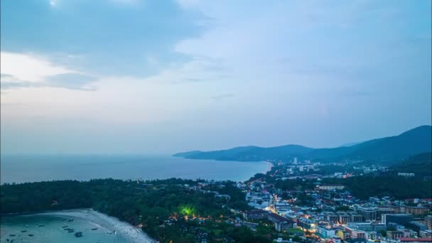 Aerial Hyperlapse View Lights Twinkled Kata Beaches Karon Beach City — ストック動画
