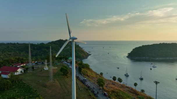 Aerial View Wind Turbine Blades Spinning Top Mountainwind Power Generates — Video Stock