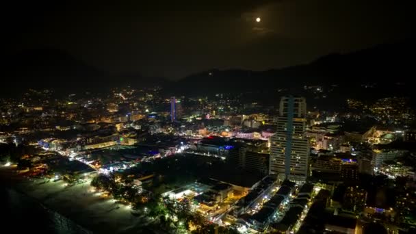 Aerial Hyper Lapse Night View Full Moon Shine Patong Beach — Stock Video