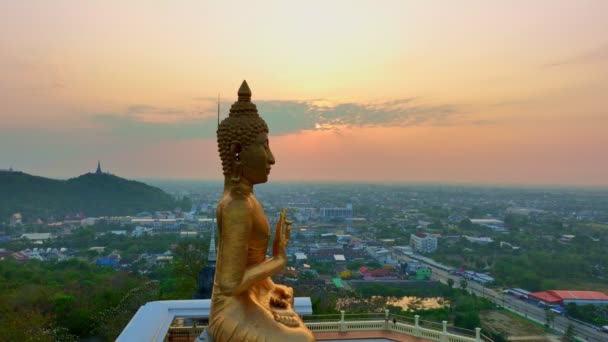 Aerial View Scenery Yellow Sky Sunrise Golden Big Buddha Golden — Stock Video