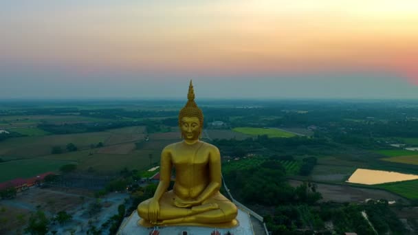 Aerial Hyperlapse View Scenery Yellow Sky Sunrise Golden Big Buddha — Stock Video