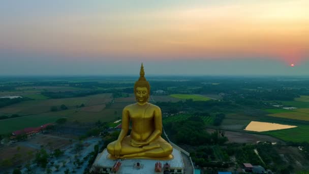 Aerial Hyperlapse View Scenery Yellow Sky Sunrise Golden Big Buddha — Stock Video