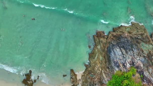 Aerial Top View End Patong Beach Large Rocks Smooth Waves — Stock Video