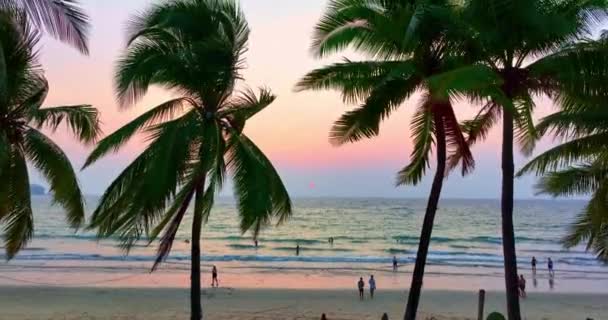 夕暮れ時のカマラビーチの上の景色明るい空の空中風景空を通してピンクの光が輝きます 自然ビデオ高品質の映像 カラフルな夕日の高角度ビュー — ストック動画