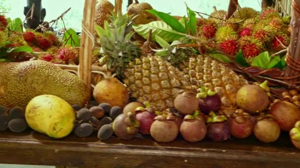 Seizoensgebonden Variëteit Aan Fruitsrambutan Durian Papaya Mangosteen Jackfruit Ananas Mangoeen — Stockvideo