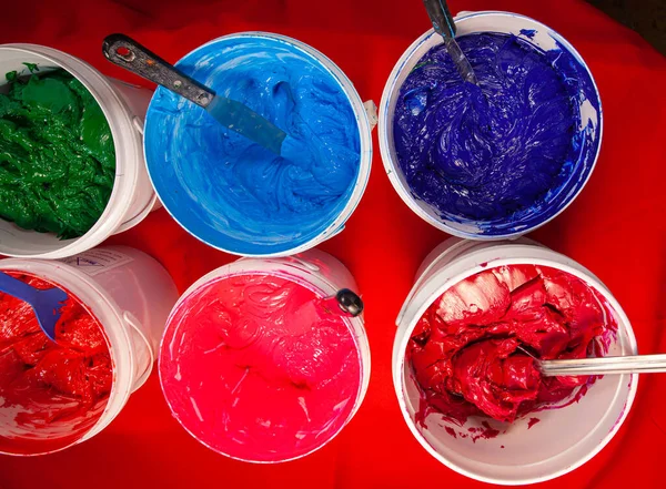 Top View Colorful Fabric Printing Inks White Buckets — Stock Photo, Image