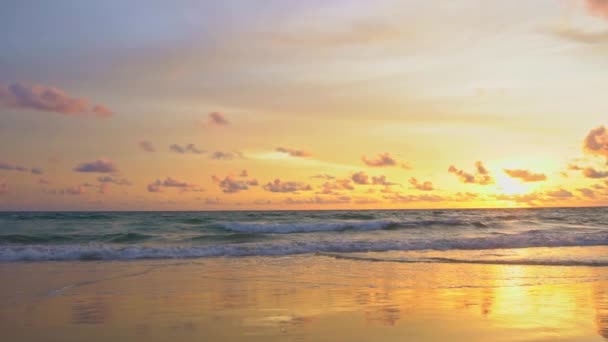 Zeitlupe Welle Welle Kracht Wunderschönem Sonnenuntergang Auf Das Ufer Goldene — Stockvideo