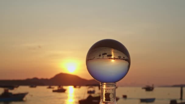 Colorful Nature Sunrise Crystal Ball Fishing Boats Golden Sea Crystal — Stock Video