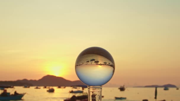 Colorful Nature Sunrise Crystal Ball Fishing Boats Golden Sea Crystal — Stock Video