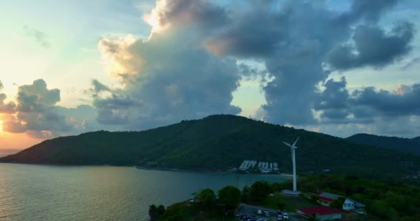 Aerial View Wind Turbine Viewpoint Sunset Beautiful Tropical Blue Sky — Stock Video