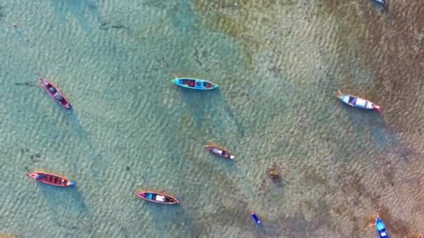 Aerial Top View Beach Lot Fishing Boats Tourist Boats Floating — Stock Video