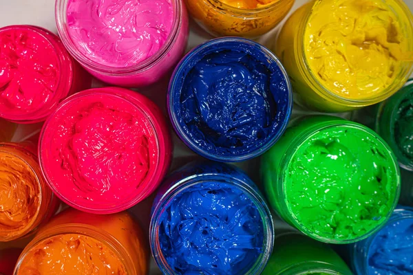 Tampilan Atas Berbagai Warna Untuk Pencetakan Kemeja Dikemas Dalam Botol Stok Lukisan  
