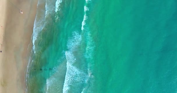 공중에서 위에서는 해변을 천천히 밀려오는 수있다 모래사장에 드리워진 바다에서는 거품의 — 비디오