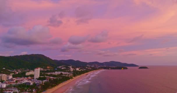 Aerial Panorama View Scene Romantic Pink Sky Sunset Karon Beach — Stock Video