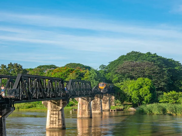 stock image The train is passing through the Death Railway Bridge over the River Kwai in Kanchanaburi. During World War Two Japan constructed railway from Thailand to Burma This is now know the Death Railway.