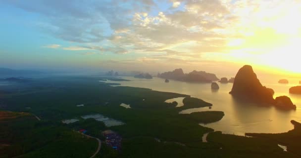 Aerial View Beautiful Red Sunrise Samed Nang Chee Phang Nga — Stock Video