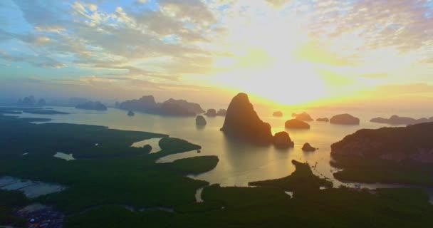 Aerial View Scenery Red Sunrise Samed Nang Chee Phang Nga — Stock Video