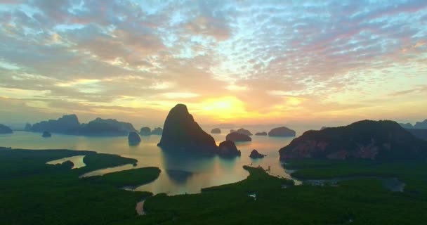 Aerial View Stunning Sunrise Samed Nang Chee Phang Nga — Stock Video