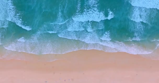 Aerial View Waves Slowly Sweeping Shore Sandy Beach Tropical Sea — Stock Video