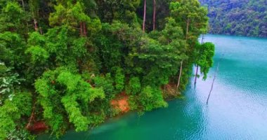 Tayland 'ın güneyindeki Yüzthani ilinin en büyük barajı olan Ratchaprapha Barajı' ndaki adanın yakınındaki yeşil suyun havadan çekilmiş videosu. Arkaplanda yüksek dağlar.