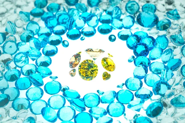 .A group of Golden diamonds arranged in a row in front of white diamonds on a white background..Yellow heart diamond put on white background..video 4k.high quality video 4K raw blue stones background..