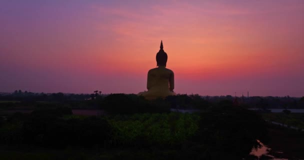 泰国普吉市日出时分山顶上的大佛像的航空图 明亮的粉色天空背景 — 图库视频影像