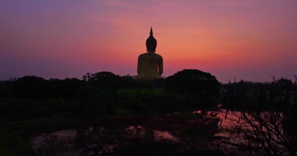 Letecký Pohled Sochu Velkého Buddhy Vrcholu Hory Při Východu Slunce — Stock video