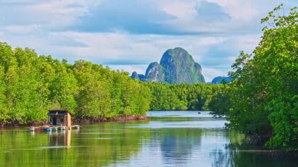 タイの運河とマングローブの森の上に白い雲のタイムラウンドビュー — ストック動画