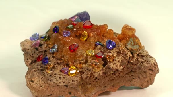 Πολύχρωμα Διαμάντια Σχήμα Καρδιάς Που Ένα Ακατέργαστο Opal Πολύτιμος Λίθος — Αρχείο Βίντεο