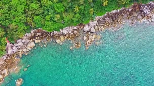Widok Lotu Ptaka Turkusowe Morze Obok Skały Zielony Las Wzgórzu — Wideo stockowe