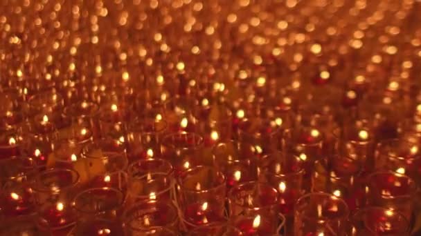 Bokeh Candlelights Shrine Altar Table Candles Orange Yellow Glasses Placed — Stock Video