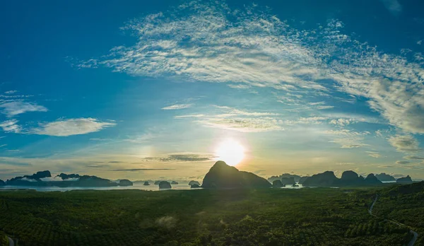 Panorama view amazing sunrise above the island at Samed Nang Chee Phang Nga